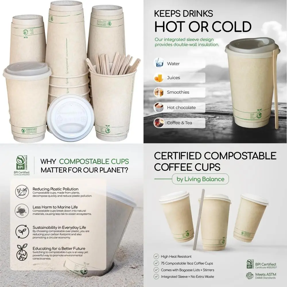 

Compostable 16 oz Coffee Cups with Lids and Stirrers, 75 Pack, Leak-Proof, Integrated Sleeves, Eco-Friendly Disposable Cups for