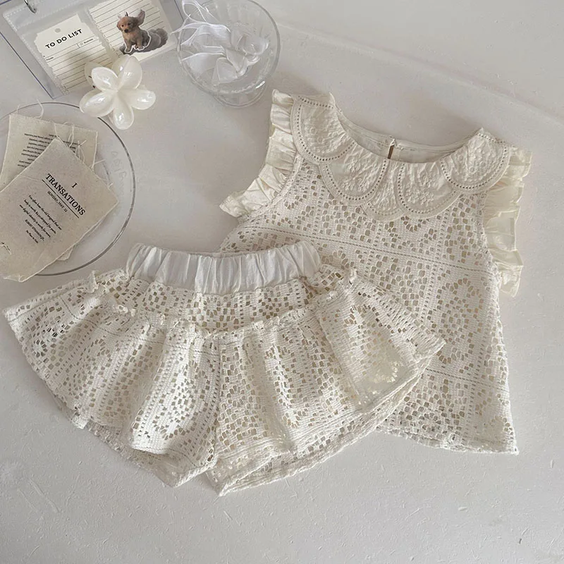 2026 Summer New Baby Clothes Set 6-24M Hollowed Out Flower Toddler Girls T-shirt +Shorts Loose Vintage Style Infant Outfit 2PCS