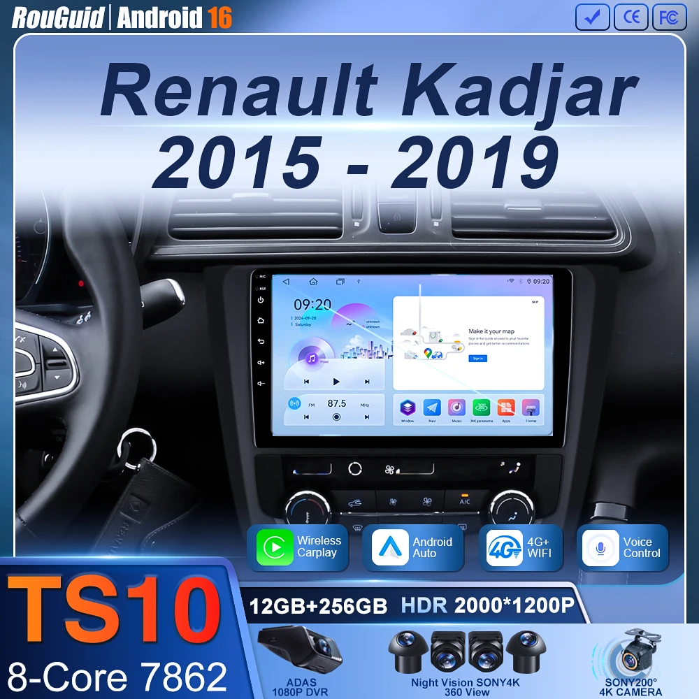 

Android 16 Car Radio For Renault Kadjar 2015 - 2019 Navigation GPS Multimedia Video Player Stereo wifi+4G Carplay auto 2 DIN DVD