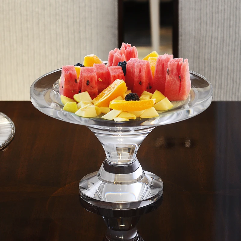 European Modern Clear K9 Crystal Fruit Tray Round With Bottom Base For Home Kitchen Tabletop Decoration Candy Dessert Plate