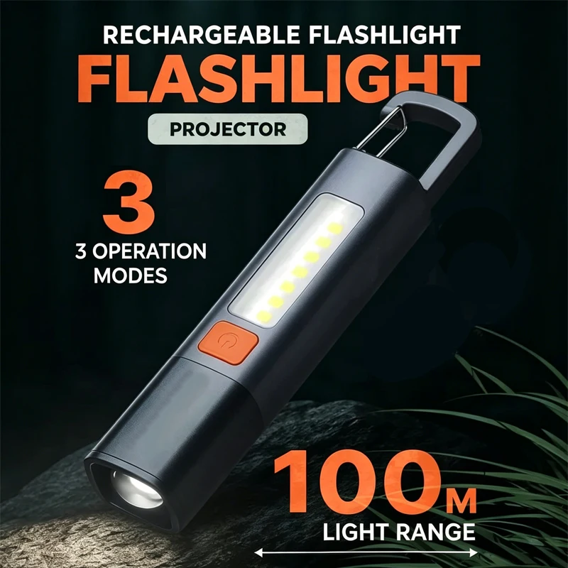 Strong Lighting ABS Flashlamp USB Charging Portable Outdoor Small Flashlight Camping Hanging Lamp Telescopic Focus COB Side Lamp