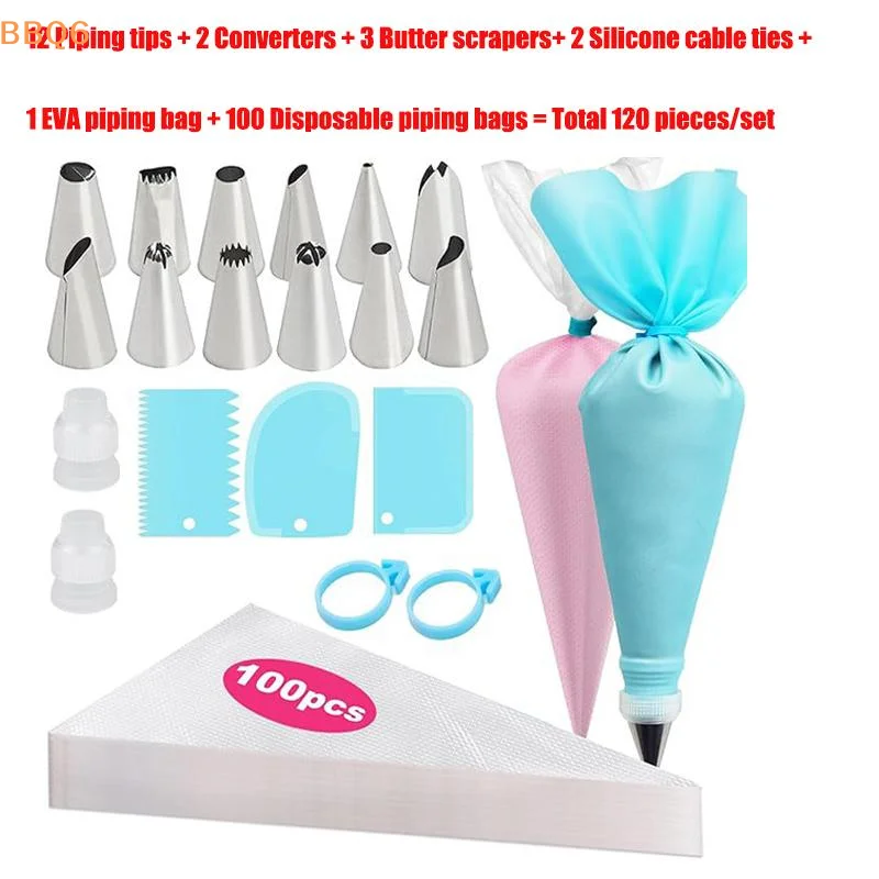 Piping Bag Disposable - ชุดหัวบีบสแตนเลส 120 ชิ้น/ชุด พร้อมถุงบีบแบบใช้แล้วทิ้ง 100 ใบ