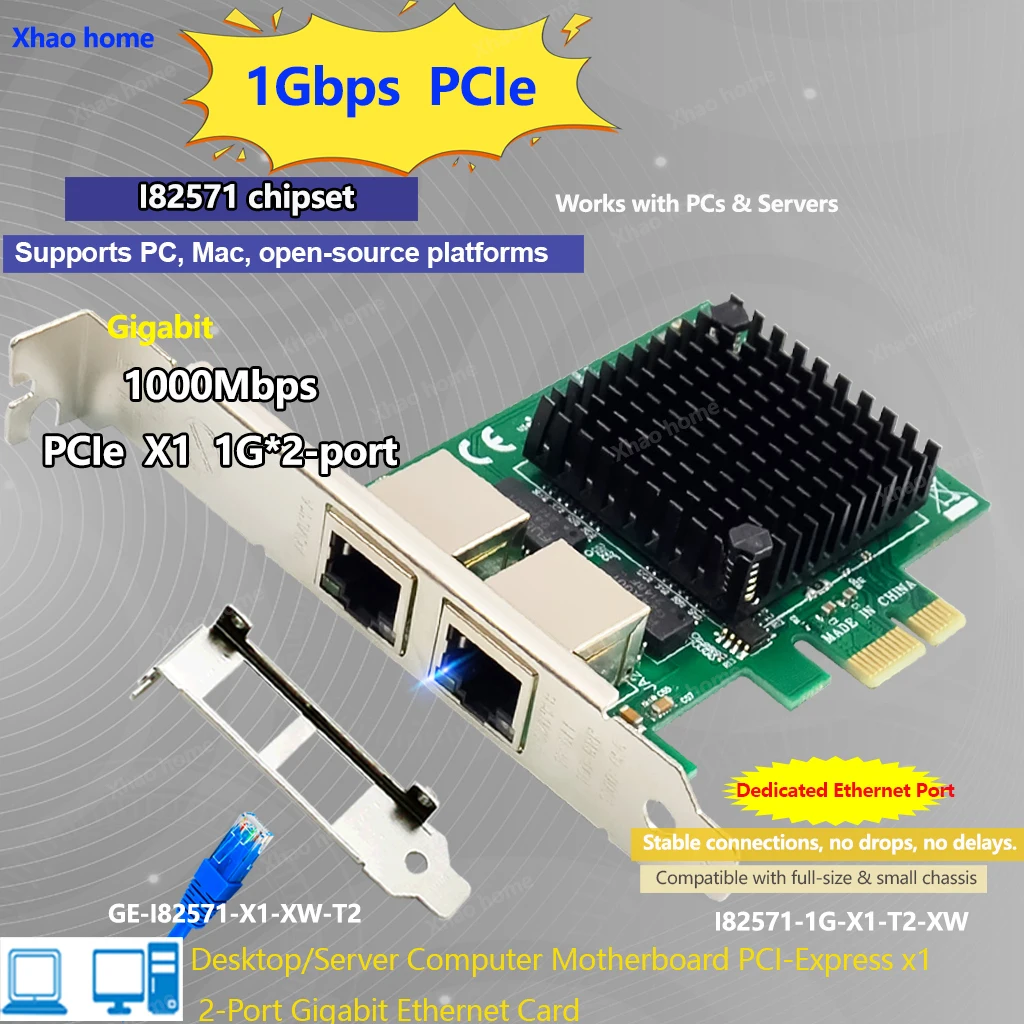 

For Intel I82571 Dual Port Gigabit PCI-E Network Card 1Gbps Ethernet Adapter X1 Slot Green PCB Servers & Desktops For Win/Linux