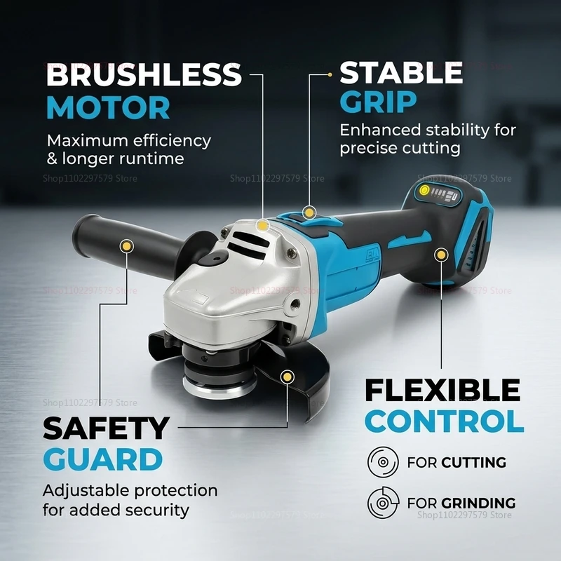 Wireless 125mm Brushless Angle Grinder 18V Lithium Battery Powered for Cutting Polishing Grinding Compatible with Makita Tools