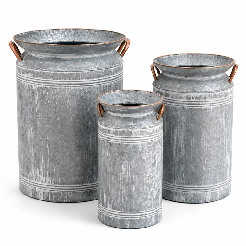 Set of 3 Vintage Galvanized Metal Milk Can Planters, Rustic Tall Tin Flower Vase Buckets with Handles for Farmhouse Garden Home
