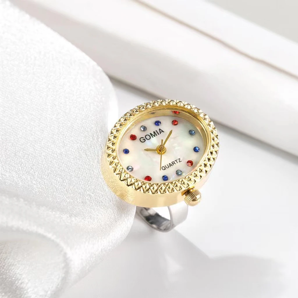Kiss Jewelry New Creative Waterproof Mini Quartz Watches Finger Ring Colored Rhinestone Adjustable Alloy Oval Dial Clock Ring