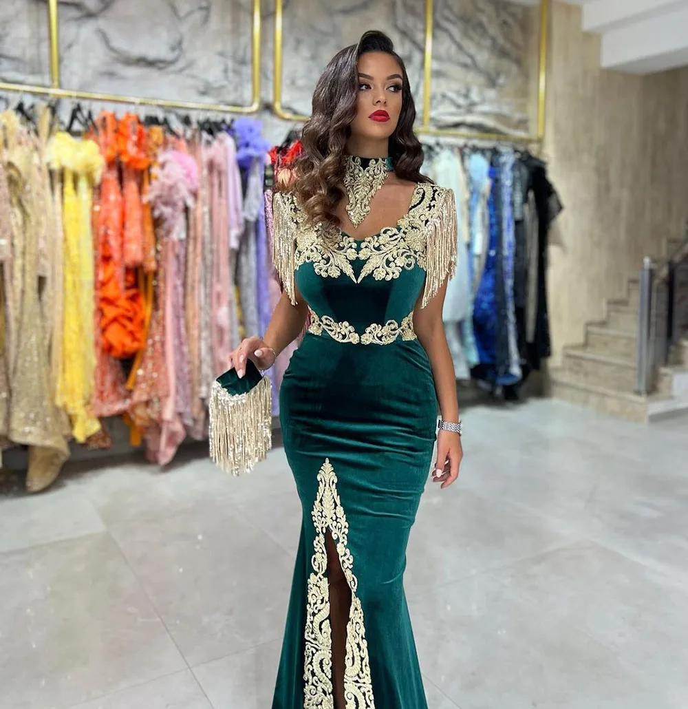 Msikoods karakou algerien vestido de noite ouro rendas caftan boné mangas veludo verde vestido de baile vestidos de festa com divisão lateral