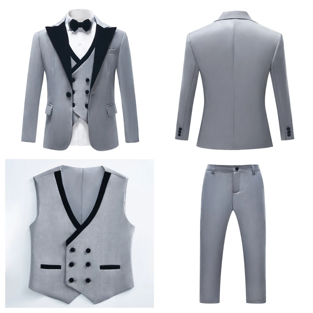 Black Velvet Collar Suit Set for Boys, Formal Graduation Suits, Slim Fitting Wedding Suit for Children, Blazer Vest Pants