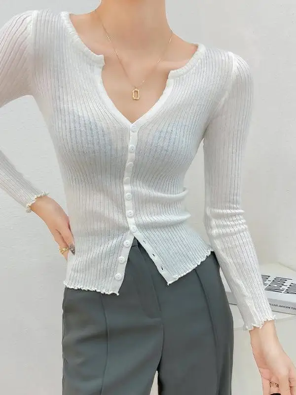 Autumn Korean Version New Long Sleeve V-neck Single Breasted Cardigan Women Solid Slim Cinching Waist Knit Short Top F270