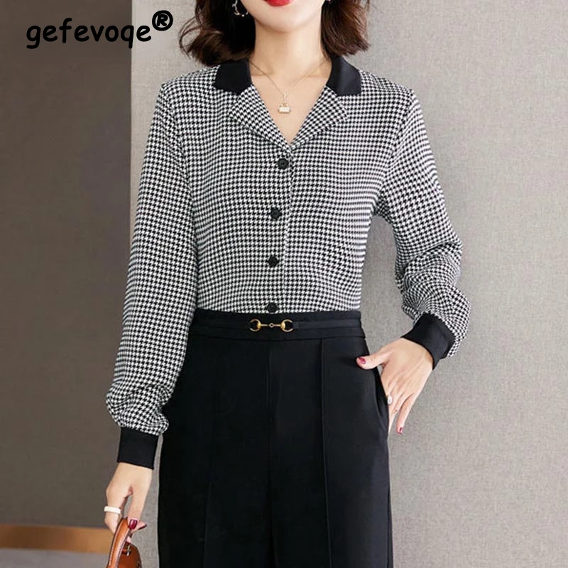 Houndstooth Shirts Women French Elegant Temperament Lapel Casual Blouse Office Ladies Commute Clothes Spring Vintage Chiffon Top