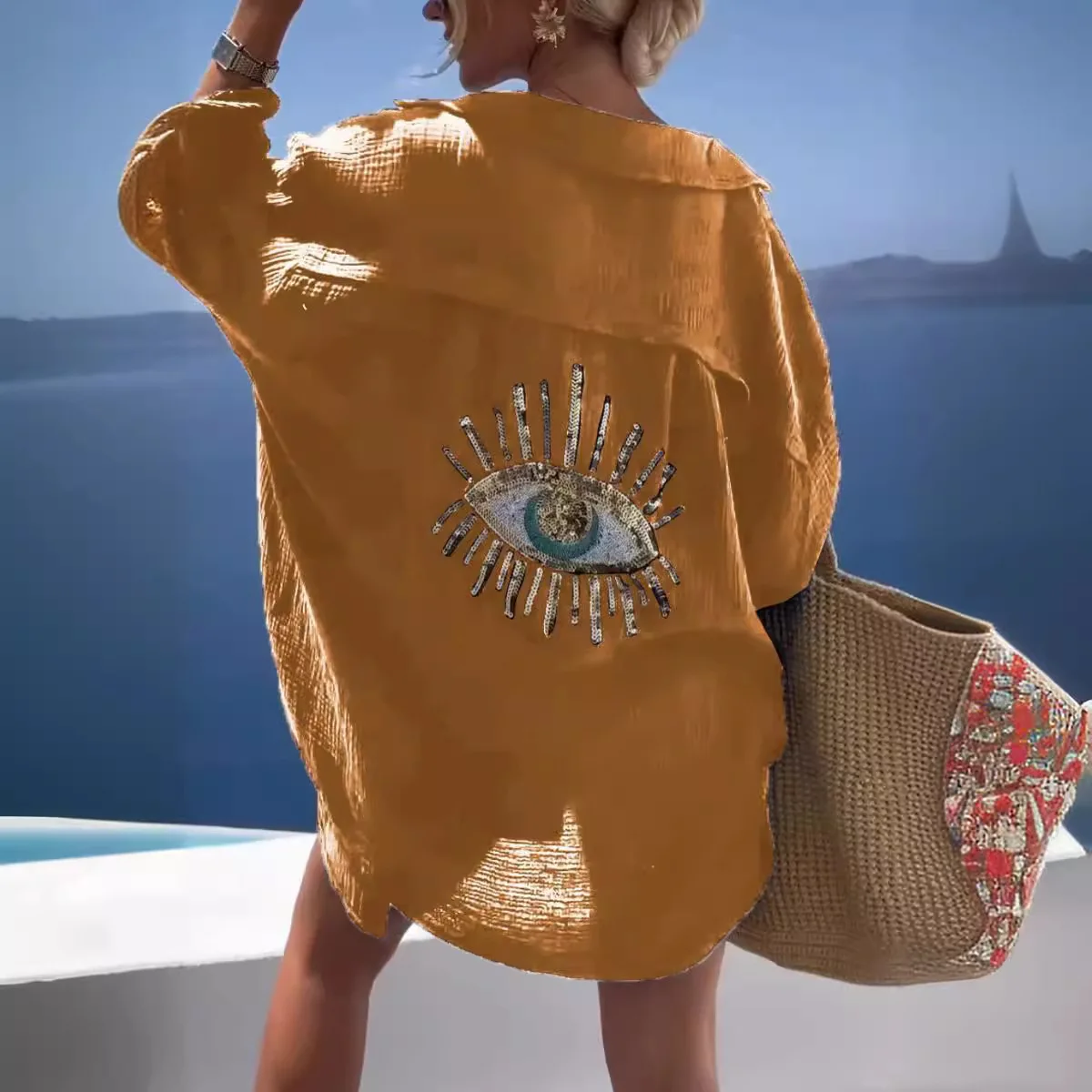 موضة الربيع والصيف عين الشر قميص طويل الأكمام فضفاضة القطن و قميص كتان المرأة عادية الترتر مطرز بدوره إلى أسفل زر بلوزة #5