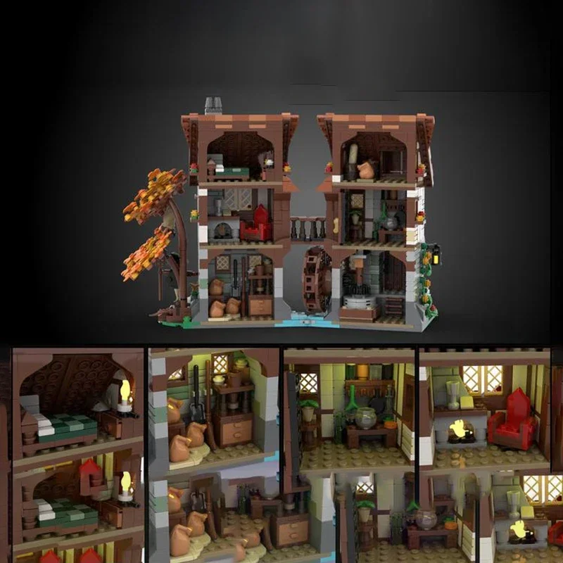 MOC- 119708   Medieval watermill arquitetura casa cabana blocos de construção kit smithy taverna castelo modelo diy crianças quebra-cabeça brinquedos presente