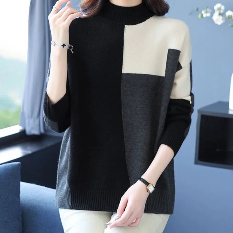 Women\'s Autumn Winter Pullover Turtleneck Contrast Screw Thread Long Sleeve Sweater Knitted Fashion Office Lady Undershirt Tops