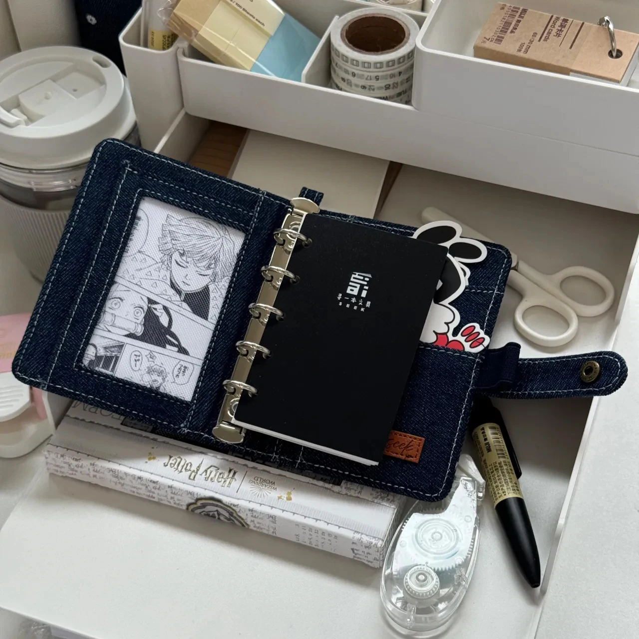 Dark Blue Floret Pattern Denim M5 A7 Loose Leaf Binder Journal Notebook Diary Cover Ring Planners Organizer Easy Carrying Agenda