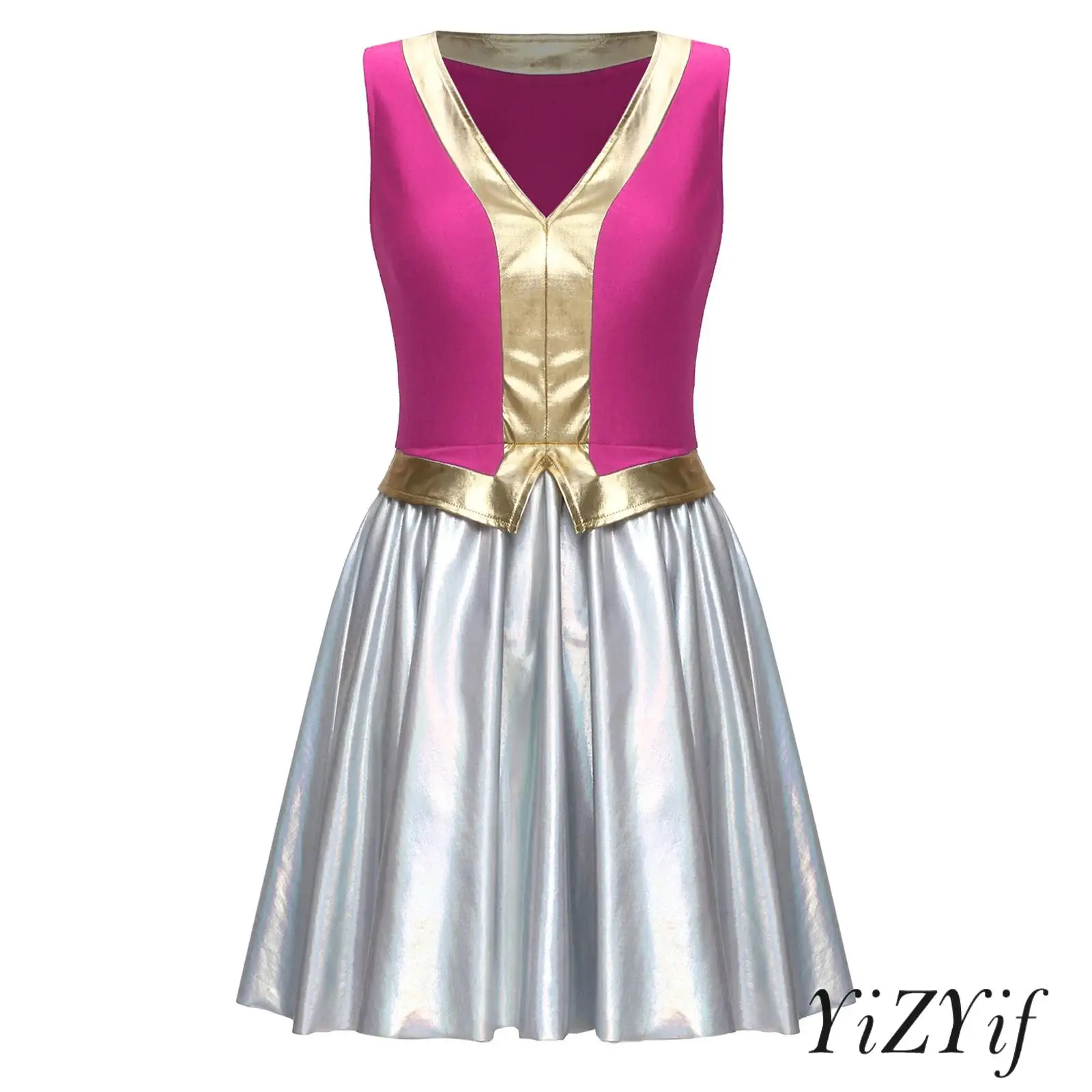 

Fashion Arabian Princess Cosplay Dress Womens Metallic Shiny V Neck Sleeveless Halloween Costume for Masquerade Carnival Party