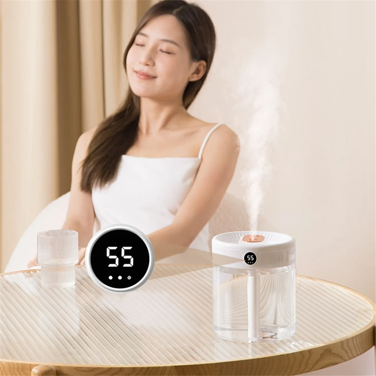 Humidificador de aire H2O, difusor de aceite esencial portátil con USB, doble boquilla, pantalla LCD de humedad, 2L de capacidad, blanco