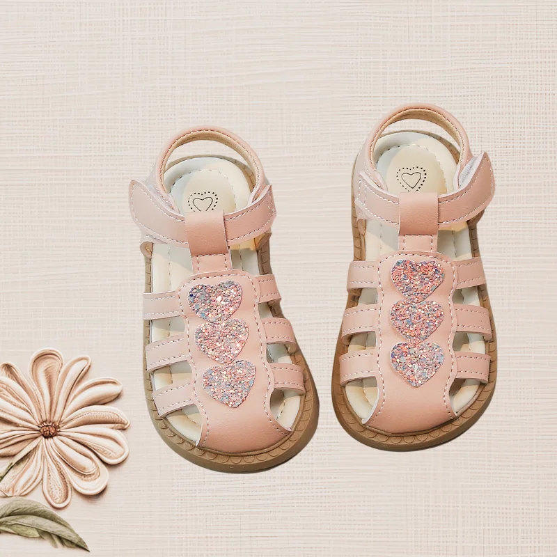 Fashion Sandals for Toddler Girls Child Close Toed Summer Shoes Princess Bling Heart Design Hollow Out Slippers Beige Pink 22-31