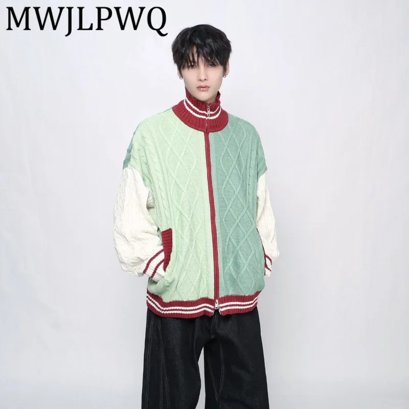 

MWJLPWQ American Design Patchwork Color Block Turtleneck Sweater Men's Lazy Style Winter Loose Couple Knitwear Zipper Tops 21760