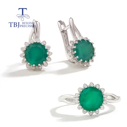 Simple Round design natural green agate ring earrings jewelry set for women's daily wear fine jewelry