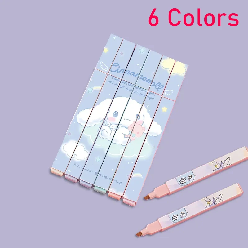 6 Colors Sanrio Cinnamoroll Kawaii Highlighter Pen Handbook Mark Marker Pen Suit Add Ink Quick Drying Creativity School Supplies