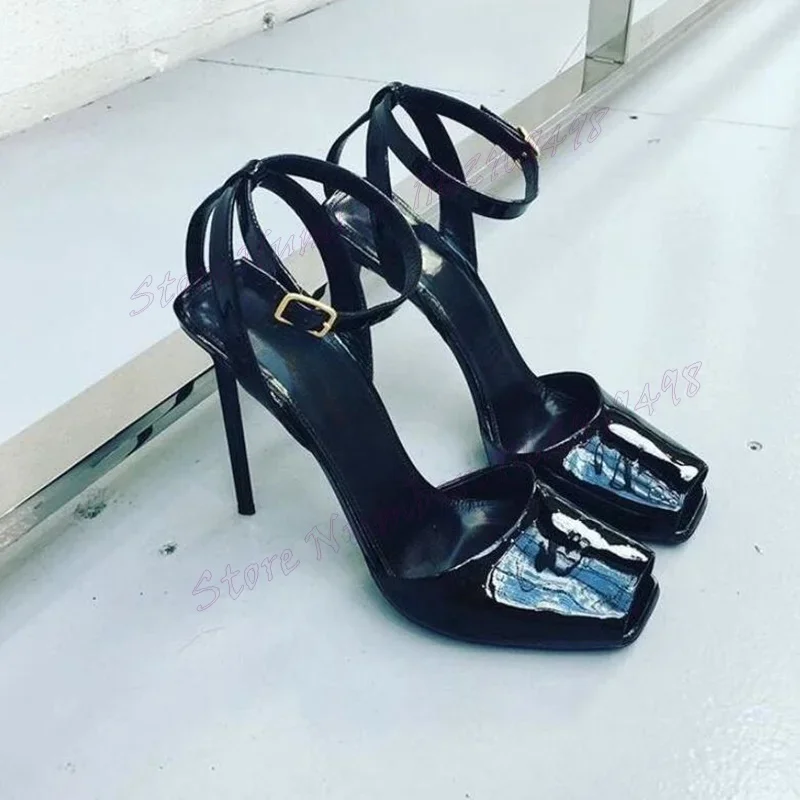 

Black Square Toe Ankle Strap Pumps Stilettos High Heels Shoes for Women Patent Leather Sexy Lady Shoes 2024 Zapatos Para Mujere