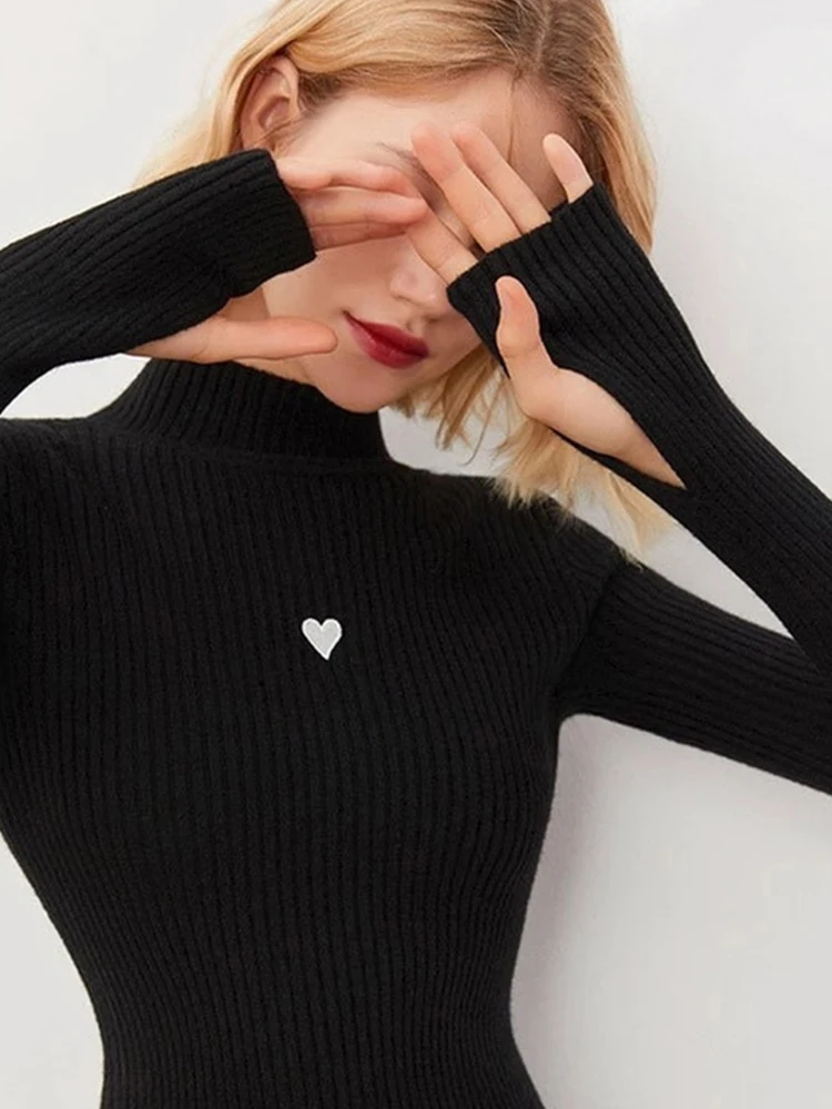 

Slim Fit f High Collar Knitted Sweater Pure Color Simple Love Pattern Winter Base Layer irt New Year Red Knitwear