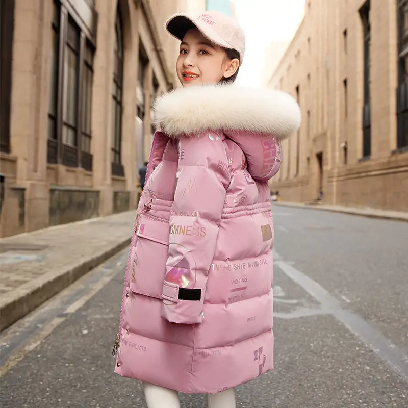 2024 Winter Children Girls Parkas Cotton Padded Letter Printed Infant Baby Girl Long Outerwear Coat Faux Fur Little Girl Jackets