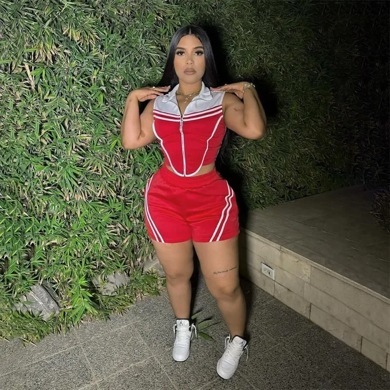 

Women Summer Color Patchwork Tracksuits Casual 2 Piece Set Sleeveless Zipper Irregular Crop Top + Shorts Fashion Streetwear Suit