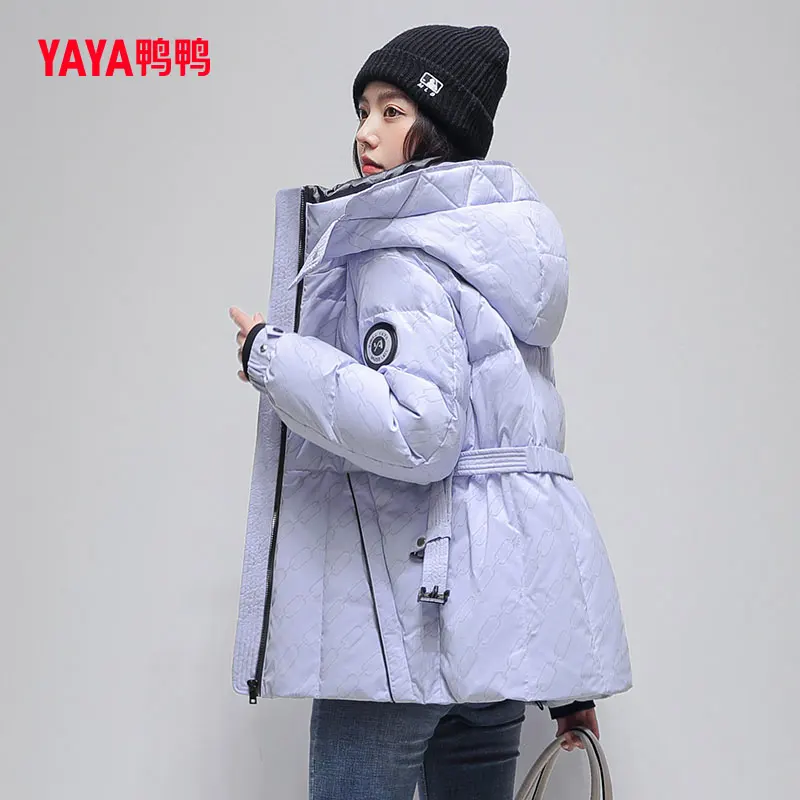 YAYA 2022 Women\'s Down Jacket Detachable Hood Waist Belt Retraction Fluorescence Fabric Winter Ladies Overcoat Padded Parka