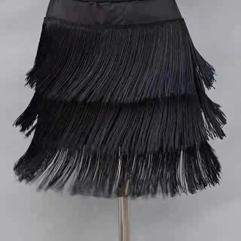 Latin Dance Costume Women's New Latin Dance Skirt Tassel Half Body Skirt Dance Dance Dress Training Dress Short Skirt Black Set
