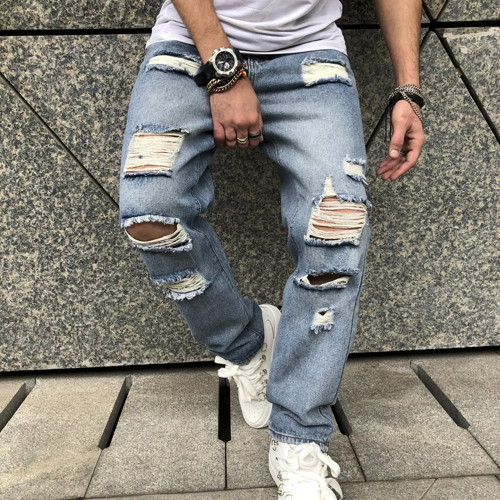 Stylish Simple Men Ripped Straight Loose Jeans For Men Casual Denim Pants Male Streetwear Trousers