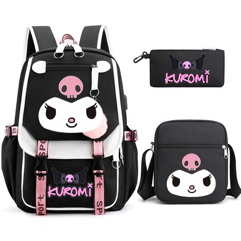 3 pçs kuromi saco de escola feminino masculino capacidade à prova dwaterproof água faculdade mochila retalhos meninas portátil sacos escolares menina viagem