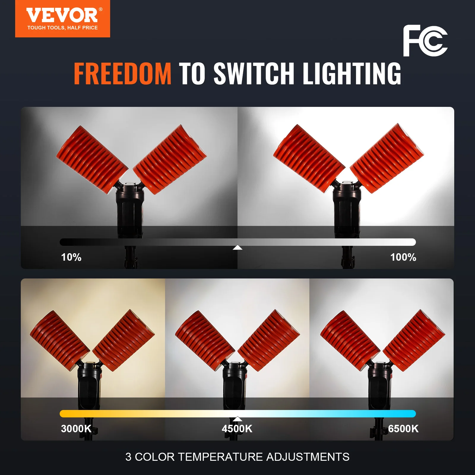 Imagem -02 - Vevor-luz de Trabalho Recarregável Led Ajuste de Brilho e Temperatura Portátil com Controle Remoto sem Fio 10ah Bateria 2500lm