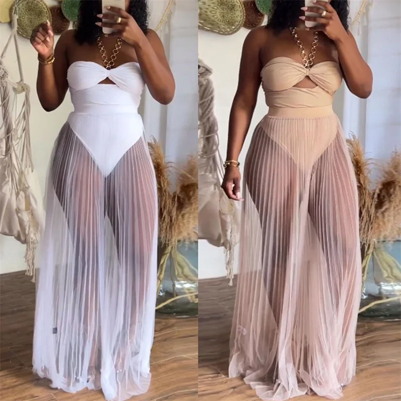 Sexy Party Nightclub Festival Outfit Women Skirt 2 Piece Set Strapless Bodysuit Top and Mesh See Through Pleated Long Dress Sets