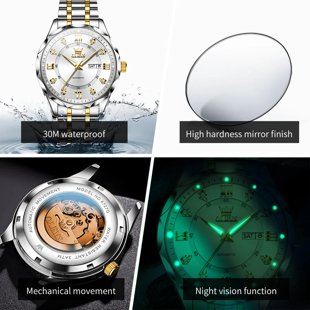 OLEVS Men's Watches 6727G Luxury Business Top Brand Original Automatic Mechanical Watch for Man Waterproof Luminous Date Week