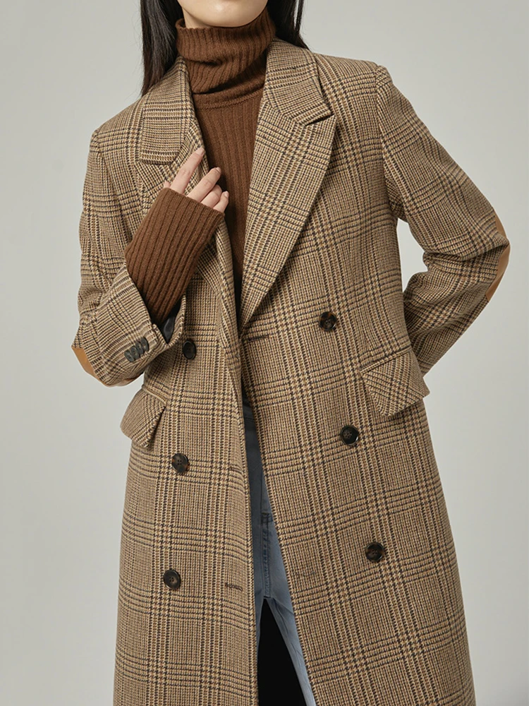 Long Suit Wool Woman clothing Winter Chic Lambskin Patchwork Long Sleeve Double Breasted One Side Tweed Jacket Female clothing