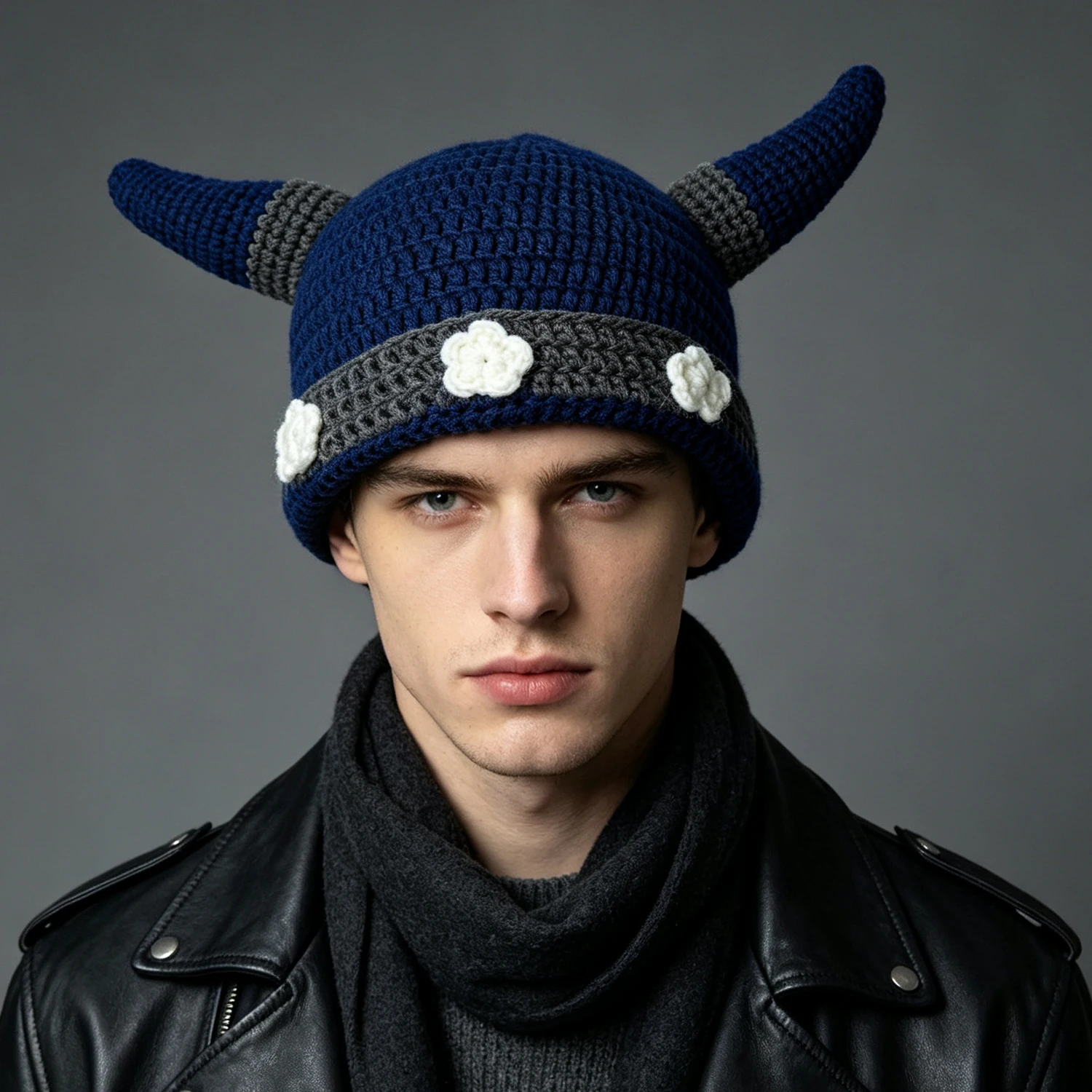 Men Handmade Viking Helmet Crochet Beanie Hat Women 3d Horn Flower Decor Flange Cap Halloween Cosplay Headwear For Adults/Child