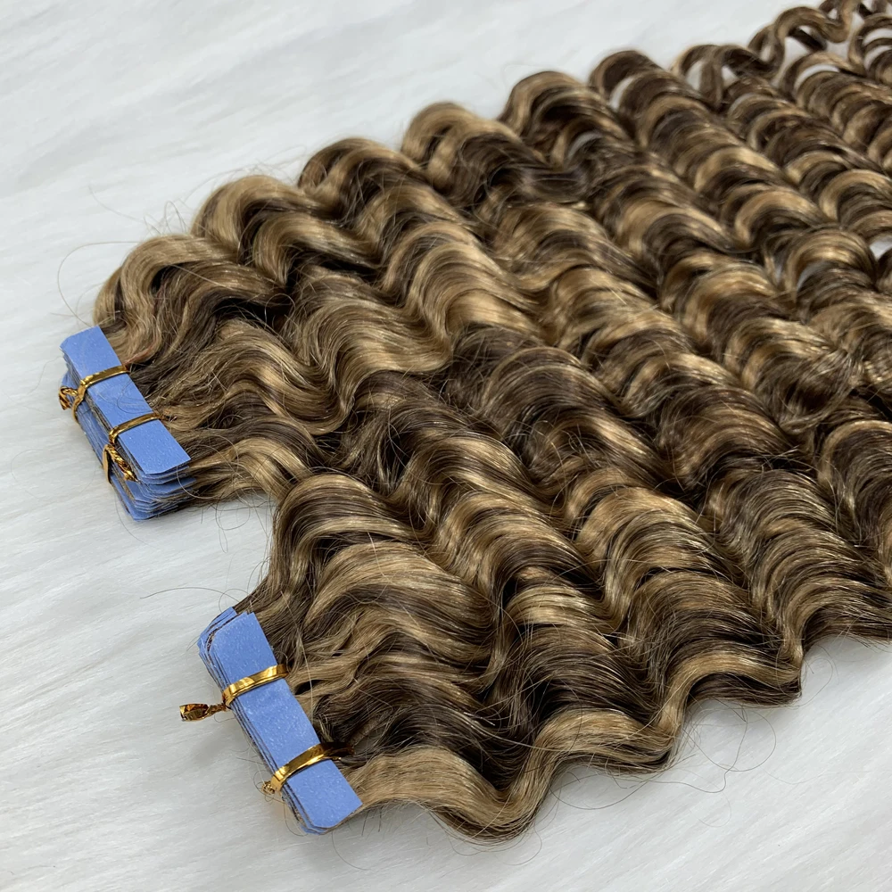 NNHAIR 22Inches 100% Human Hair Extensions Tape in Remy Hair Curly Hair For Women 20PCS 60G