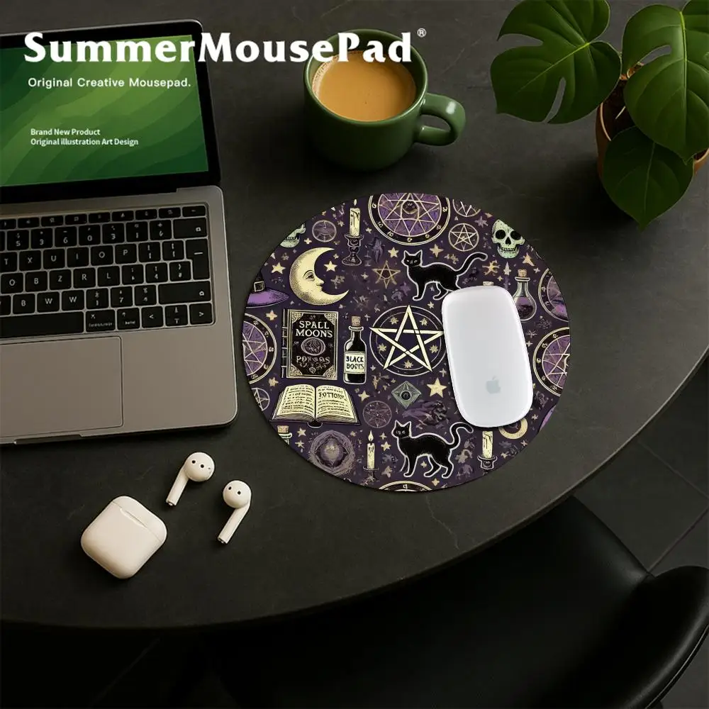 Witches Cat Moon Tarot Round Gaming Mouse Pad Computer Office Mousepad Keyboard Pad Desk Mat PC Gamer Mouse Mat Laptop Mausepad