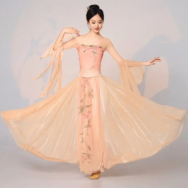 

Платье для эфирного танца в стиле Хан-Танга — прозрачный топ с эффектной широкой юбкой, платье для китайской классической практики и выступления