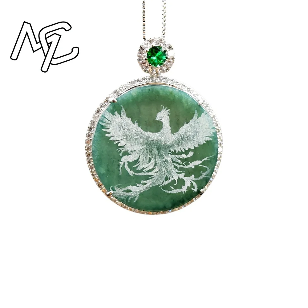 S925 Silver New Natural Real Emerald Stone-shadow Carving Phoenix Pendant Necklace Jewelry Charm Designer Luxury Gifts for Women - view 3