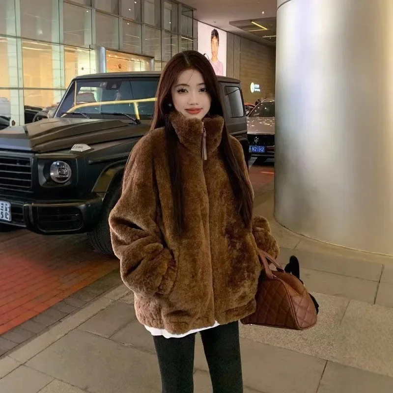 Ztluštěná jehněčí kožešinová bunda pro ženy, volný střih, stojáček, podzimní zimní pouliční styl, malá bomberová bunda, plyšové svrchní oblečení - náhled 2