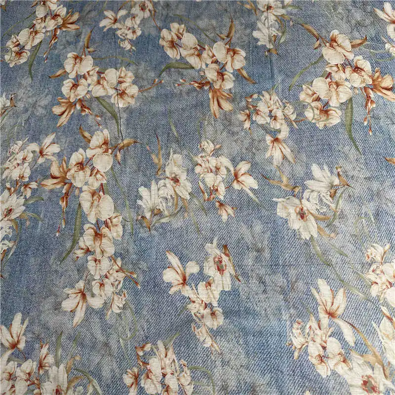 1 meter 100% Mulberry Silk 8 momme georgette thin type fabric Silk Blue Printed 135cm 53\