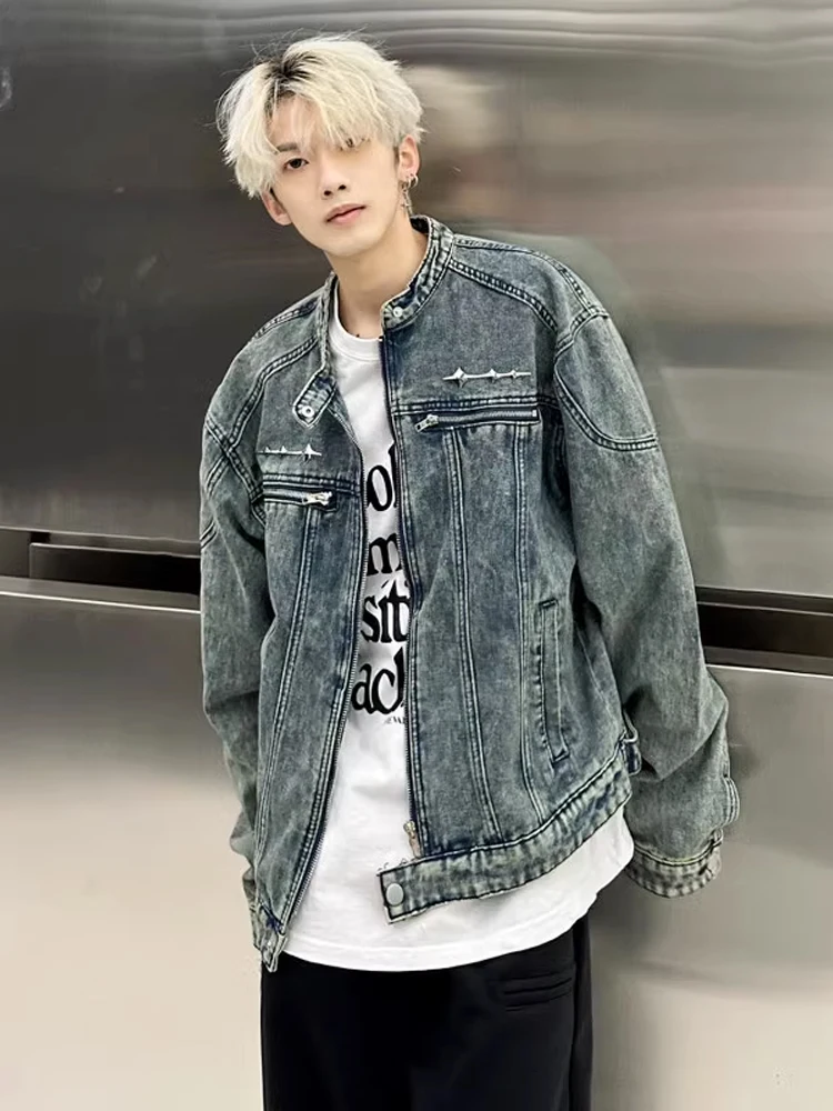 

American Sle ort Padded oulder Denim Jaet Men Spring Autumn Waed Vintage Collarl Jaet Baseball Collar Zipper