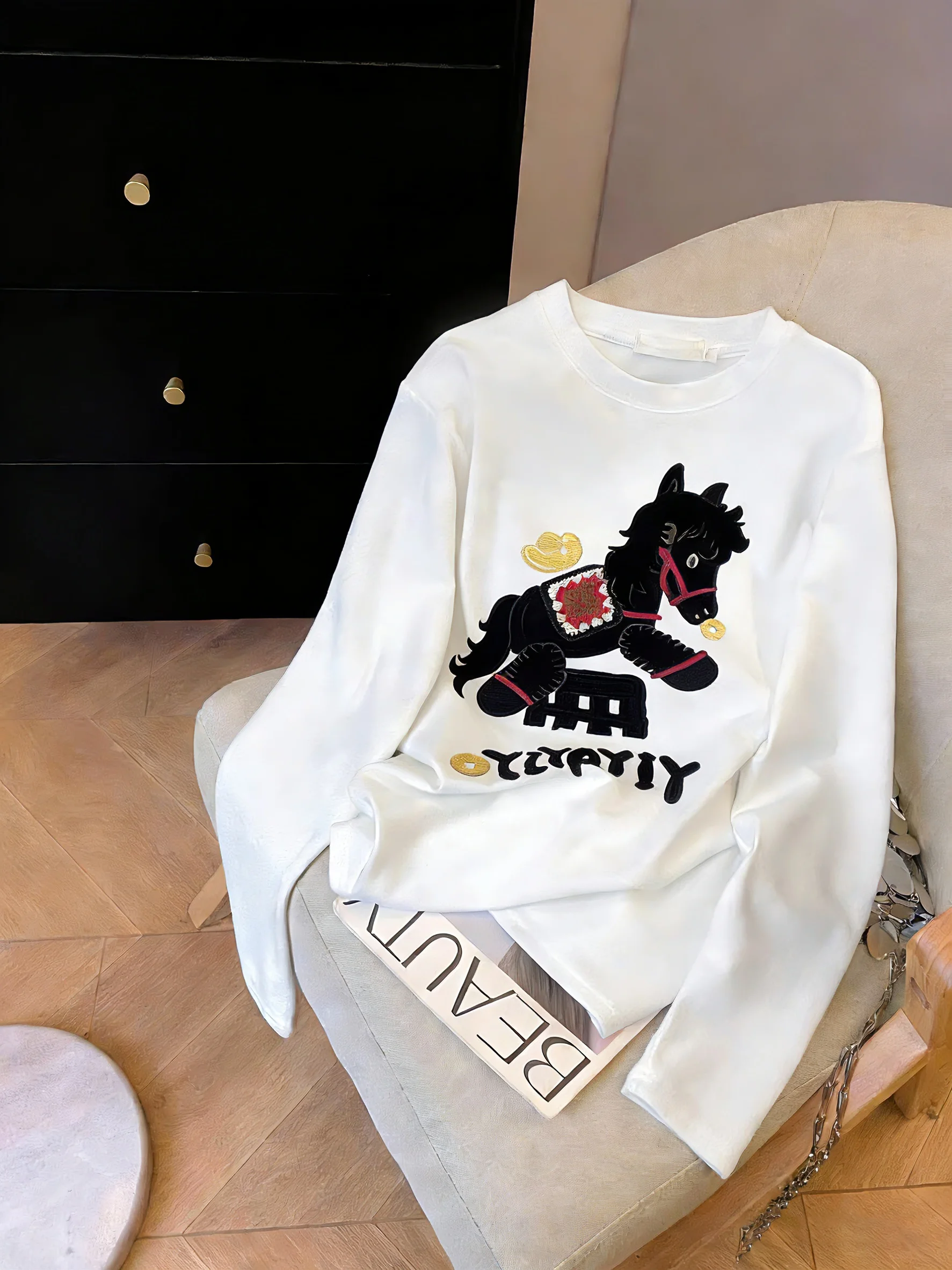 

Корейский дизайн Long Sve, свободная футболка с базовым слоем и принтом, женская модная уличная одежда на весну и осень, повседневная круглая...