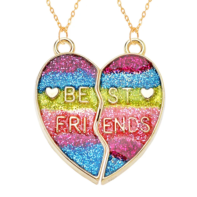 Peixin 2Pcs Colorful Enamel Rainbow Unicorn Butterfly Heart Best Friend Pendant for Women\'s Necklaces Valentines Gift Jewelry