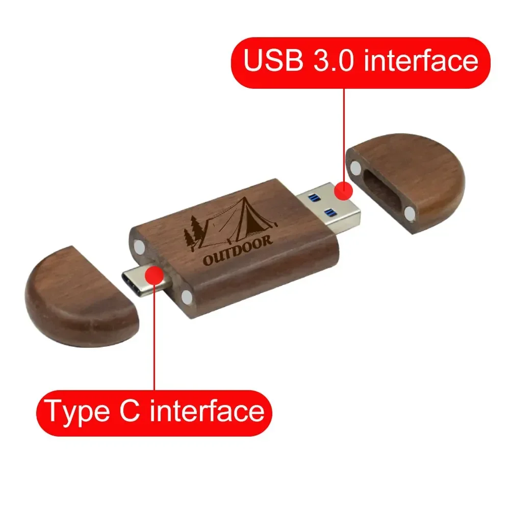 TYPE-C USB 3.0 Flash Drive 2 IN 1 128GB gratis kustom pena Logo Drive 64GB liontin kayu stik memori 32GB hadiah pernikahan kreatif