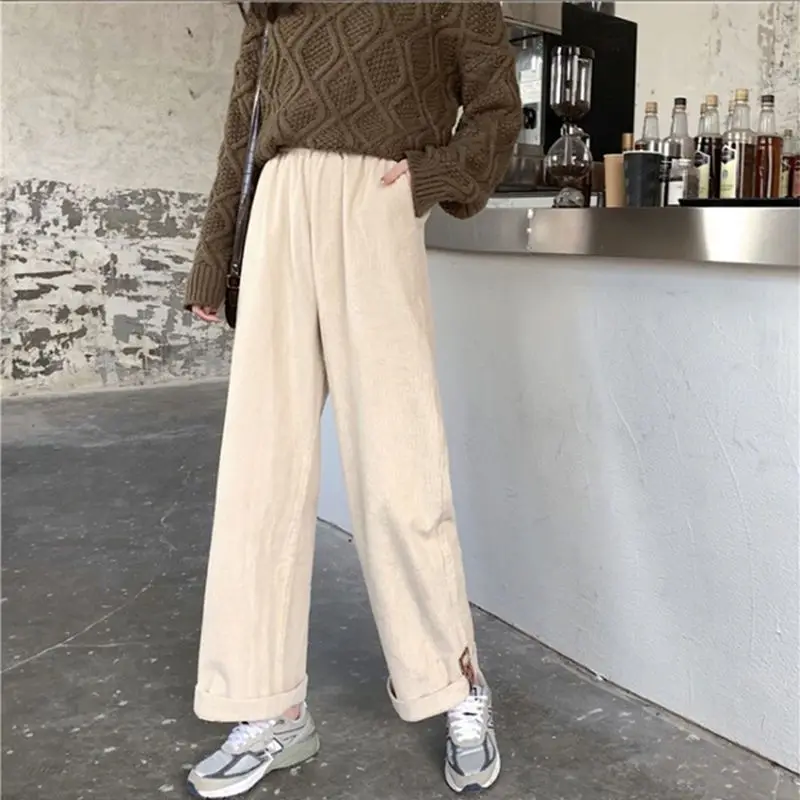 Korean Fleece Wide Leg Pants Female Autumn Winter New Preppy Style Straight Loose Elastic Waist Casual Trousers All-match Pants