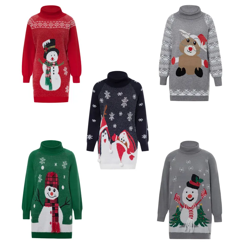 Women Knitted Christmas Sweater Dress Long Sleeve Turtleneck Cartoon Christmas Print Loose Thick Jumpers Tops Party Winter Coat