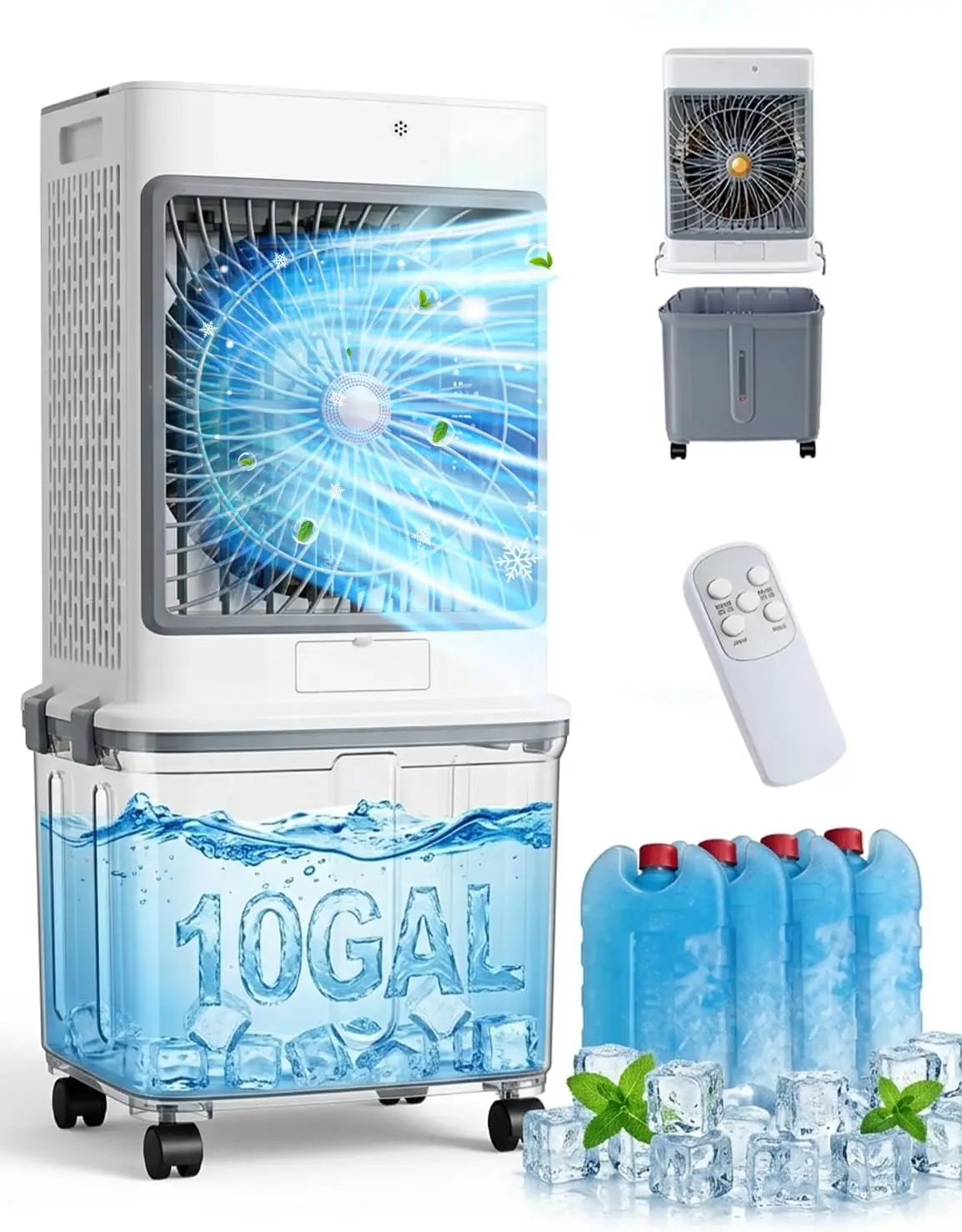 

Swamp Cooler, Portable Air Conditioners Evaporative Air Cooler with 10GAL Detachable Tank, Windowless AC Unit Cooling Fan That
